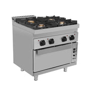 Fourneau gaz 4 feux vifs sur four gaz statique GN 2/1 - L 800 x P 700 x H 850 mm - Unninox