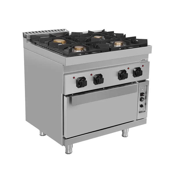 Fourneau gaz 4 feux vifs sur four gaz statique GN 2/1 - L 800 x P 700 x H 850 mm - Unninox