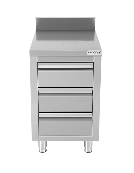 Meuble bas inox 3 tiroirs avec dosseret - L 500 x P 700 x H 850 mm - Unninox
