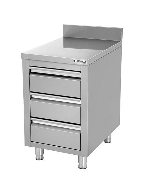 Meuble bas inox 3 tiroirs avec dosseret - L 500 x P 600 x H 850 mm - Unninox