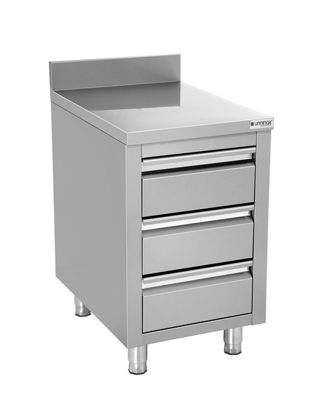 Meuble bas inox 3 tiroirs avec dosseret - L 500 x P 700 x H 850 mm - Unninox