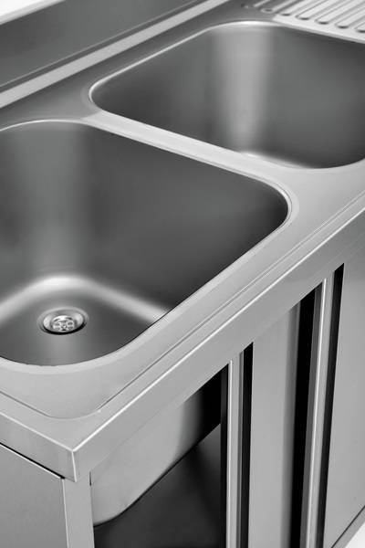 Meuble plonge inox 2 bacs à droite portes coulissantes - L 2000 x P 700 x H 850 mm - Unninox
