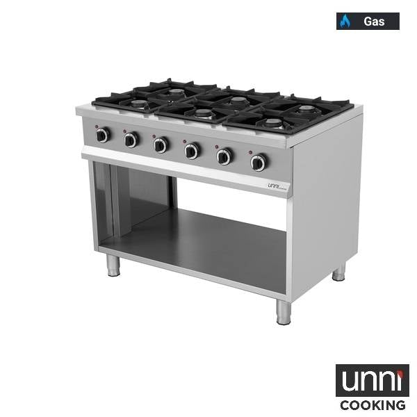 Fourneau gaz 6 feux vifs - 39 kW - L 1100 x P 700 x H 850 mm - Unninox
