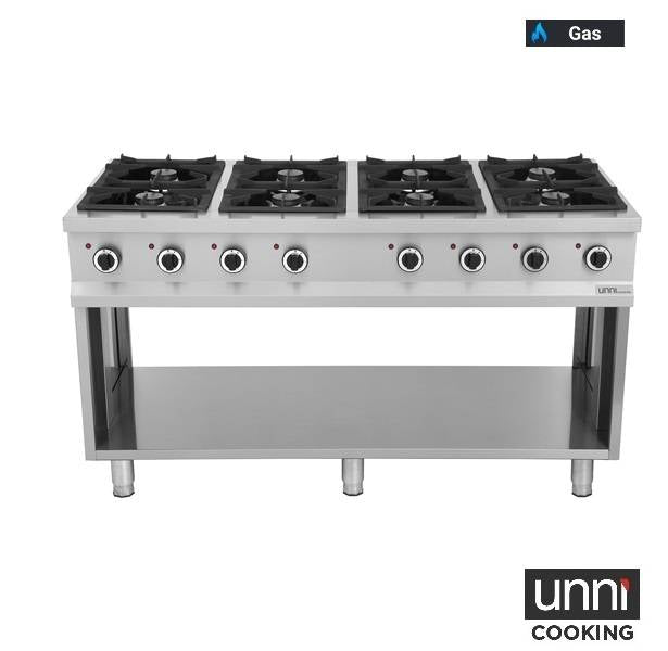 Fourneau gaz 8 feux vifs - 52 kW - L 1460 x P 700 x H 850 mm - Unninox