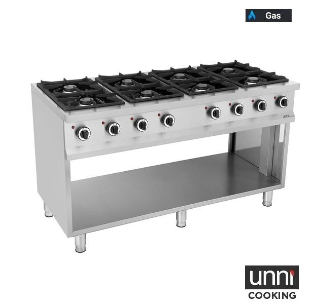 Fourneau gaz 8 feux vifs - 52 kW - L 1460 x P 700 x H 850 mm - Unninox