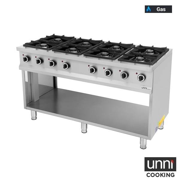 Fourneau gaz 8 feux vifs - 52 kW - L 1460 x P 700 x H 850 mm - Unninox