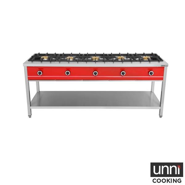 Crêpière gaz 5 feux 40 kW - poêles jusqu'à 400 mm - L 2000 x P 600 x H 850 mm - Unninox