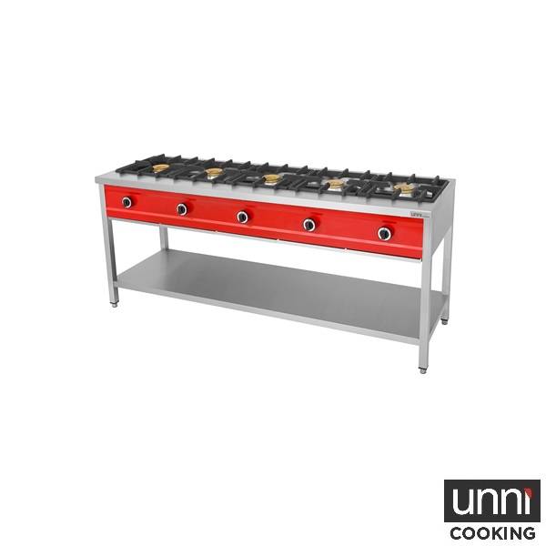 Crêpière gaz 5 feux 40 kW - poêles jusqu'à 400 mm - L 2000 x P 600 x H 850 mm - Unninox