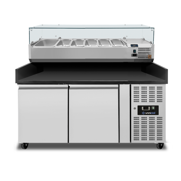 Table réfrigérée pizza 2 portes - 390 L - EN 600 x 400 - plan granit noir - L 1510 x P 800 x H 1000 mm - Unninox