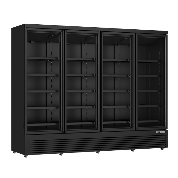 Armoire à boissons vitrée 4 portes - 2025 L - noir - 0 à +10 °C - 20 clayettes - L 2508 x P 710 x H 1997 mm - Unninox