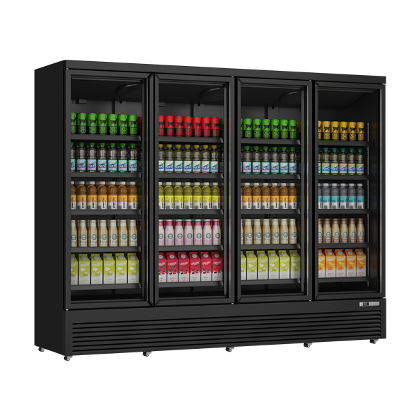 Armoire à boissons vitrée 4 portes - 2025 L - noir - 0 à +10 °C - 20 clayettes - L 2508 x P 710 x H 1997 mm - Unninox
