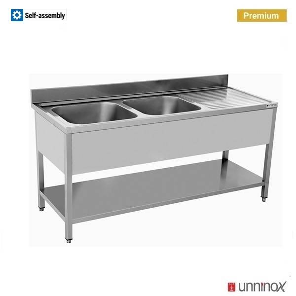 Plonge inox 2 bacs à gauche avec étagère basse - L 2000 x P 700 x H 850 mm - Unninox