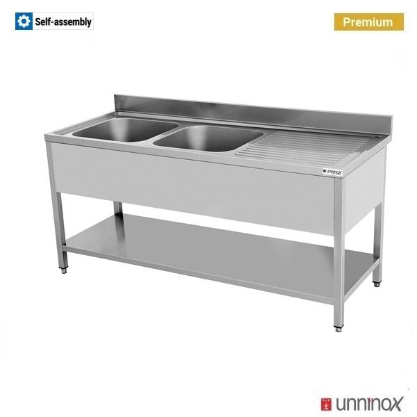 Plonge inox 2 bacs à gauche avec étagère basse - L 1800 x P 700 x H 850 mm - Unninox