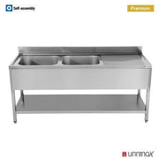 Plonge inox 2 bacs à gauche avec étagère basse - L 2000 x P 700 x H 850 mm - Unninox