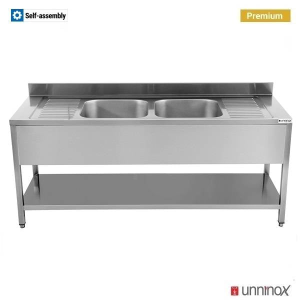 Plonge inox 2 bacs centraux avec étagère basse - L 2000 x P 700 x H 850 mm - Unninox