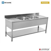 Plonge inox 2 bacs centraux avec étagère basse - L 2000 x P 700 x H 850 mm - Unninox