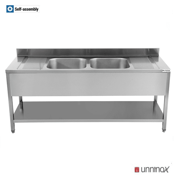 Plonge inox 2 bacs centraux avec étagère basse - L 2000 x P 700 x H 850 mm - gamme Eco - Unninox