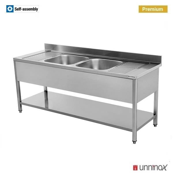 Plonge inox 2 bacs centraux avec étagère basse - L 2000 x P 700 x H 850 mm - Unninox