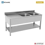 Plonge inox 2 bacs à droite avec étagère basse - L 2000 x P 700 x H 850 mm - Unninox