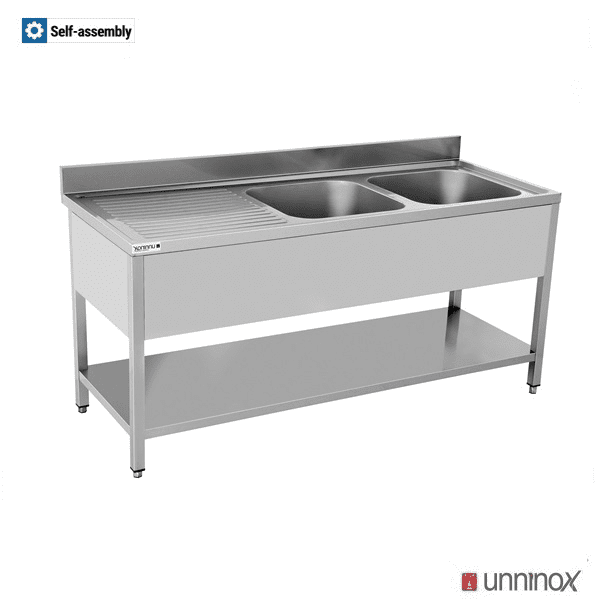 Plonge inox 2 bacs à droite avec étagère basse - L 1600 x P 700 x H 850 mm - gamme Eco - Unninox