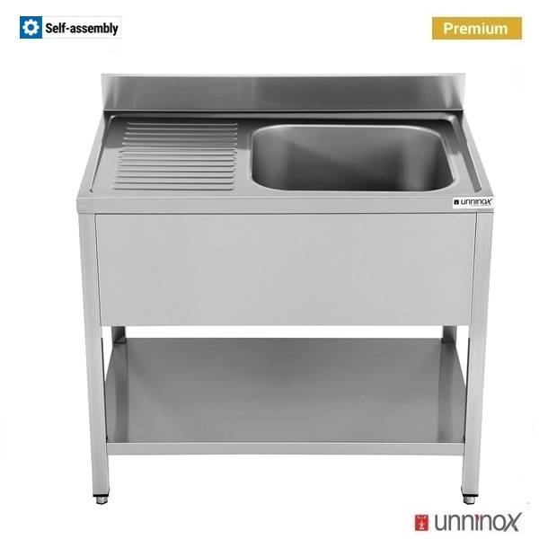 Plonge inox 1 bac à droite avec étagère basse - L 1400 x P 700 x H 850 mm - gamme Premium - Unninox