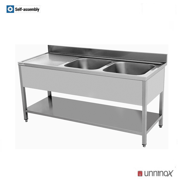 Plonge inox 2 bacs à droite avec étagère basse - L 1800 x P 700 x H 850 mm - gamme Eco - Unninox