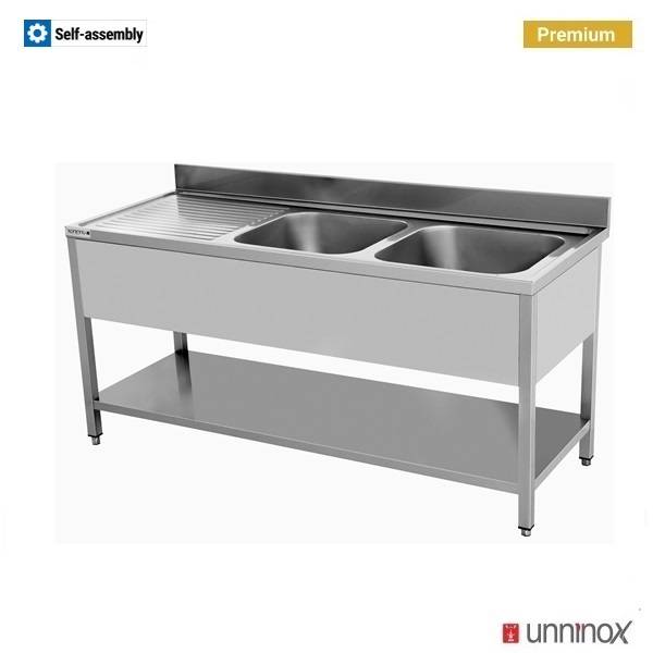 Plonge inox 2 bacs à droite avec étagère basse - L 1800 x P 700 x H 850 mm - Unninox