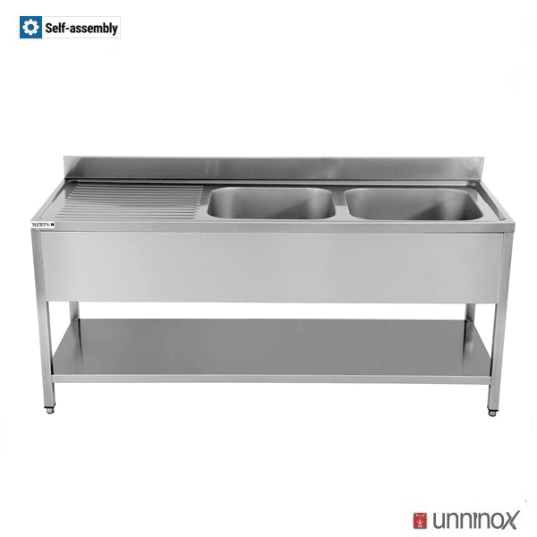 Plonge inox 2 bacs à droite avec étagère basse - L 1600 x P 700 x H 850 mm - gamme Eco - Unninox