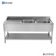 Plonge inox 2 bacs à droite avec étagère basse - L 1800 x P 700 x H 850 mm - gamme Eco - Unninox