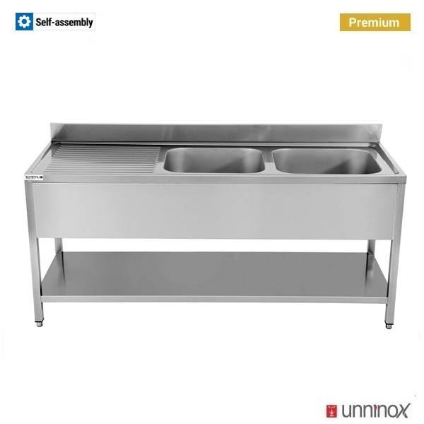 Plonge inox 2 bacs à droite avec étagère basse - L 2000 x P 700 x H 850 mm - Unninox