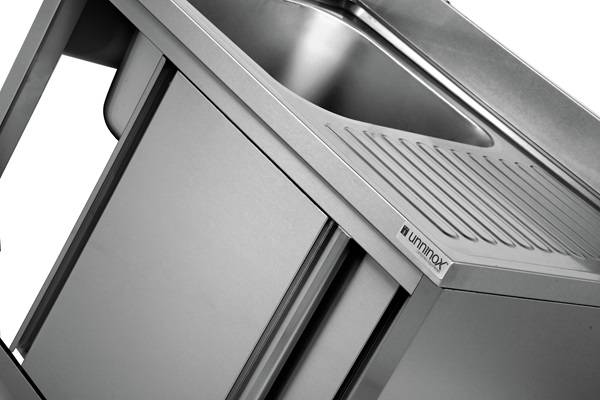 Meuble plonge inox 1 bac à gauche portes coulissantes - L 1200 x P 700 x H 850 mm - Unninox