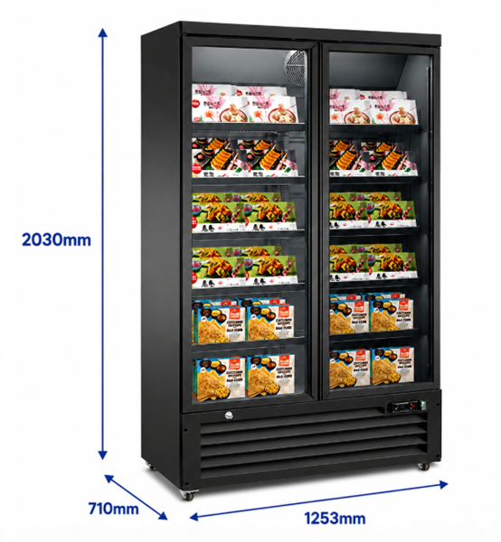 Congélateur vitré 2 portes - 1200 L - de -22 à -18 °C - 10 clayettes - L 1253 x P 710 x H 2030 mm - Unninox