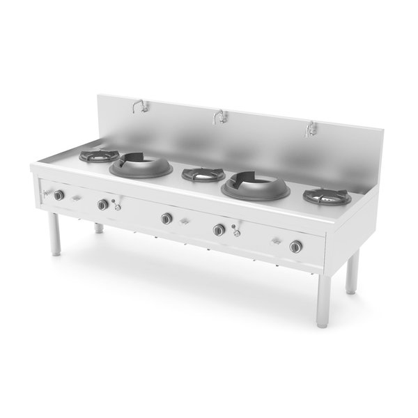 Fourneau wok gaz 2 feux wok + 3 feux marmite - 82,6 kW - L 2310 x P 850 x H 1100 mm - Unninox