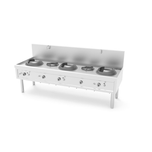 Fourneau wok gaz - 3 feux wok et 2 feux soupe - 100,9 kW - L 2450 x P 850 x H 1100 mm - Unninox