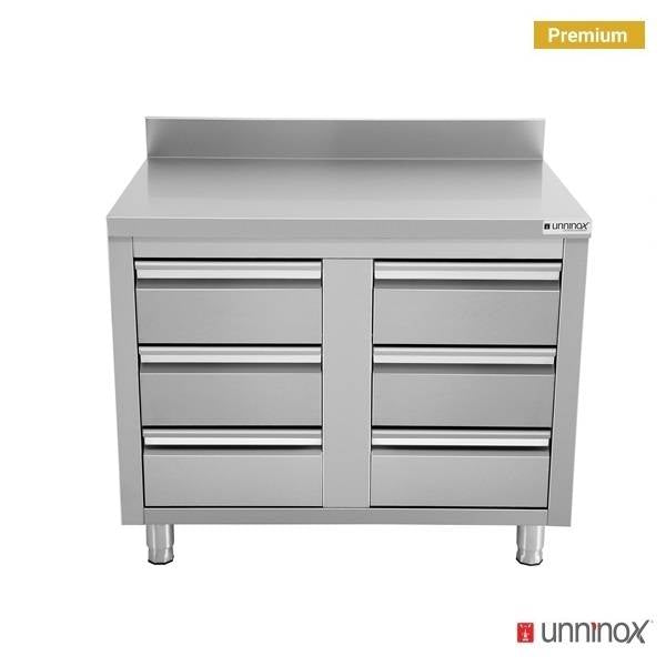 Meuble bas inox 6 tiroirs avec dosseret - L 1000 x P 700 x H 850 mm - Unninox
