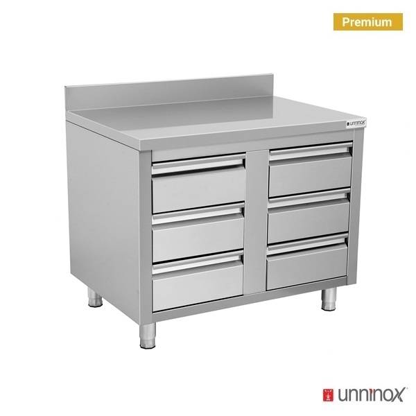 Meuble bas inox 6 tiroirs avec dosseret - L 1000 x P 700 x H 850 mm - Unninox