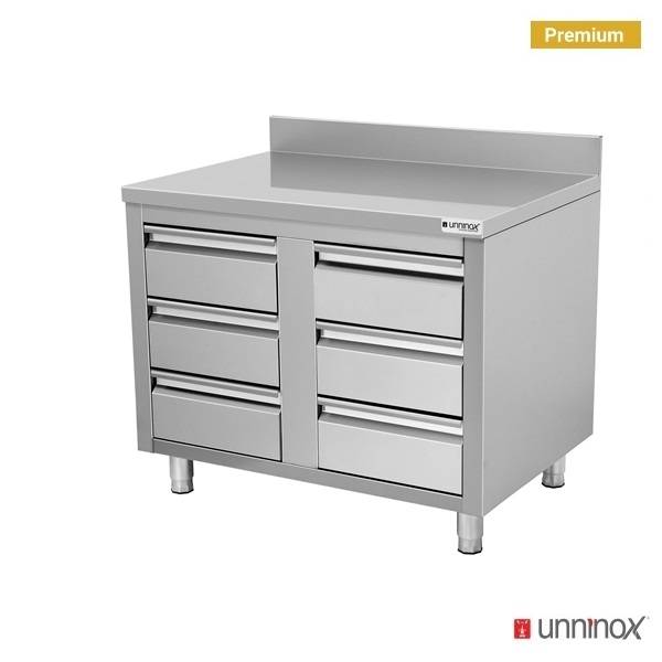 Meuble bas inox 6 tiroirs avec dosseret - L 1000 x P 700 x H 850 mm - Unninox