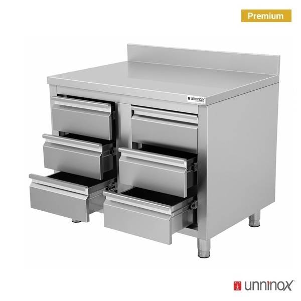 Meuble bas inox 6 tiroirs avec dosseret - L 1000 x P 700 x H 850 mm - Unninox