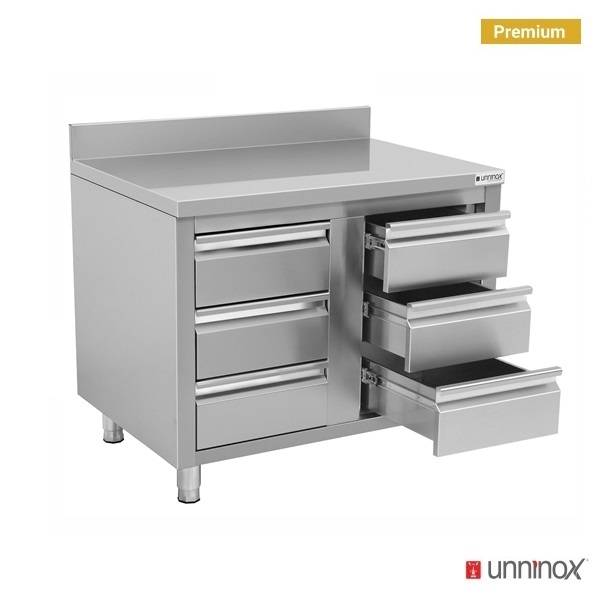 Meuble bas inox 6 tiroirs avec dosseret - L 1000 x P 700 x H 850 mm - Unninox