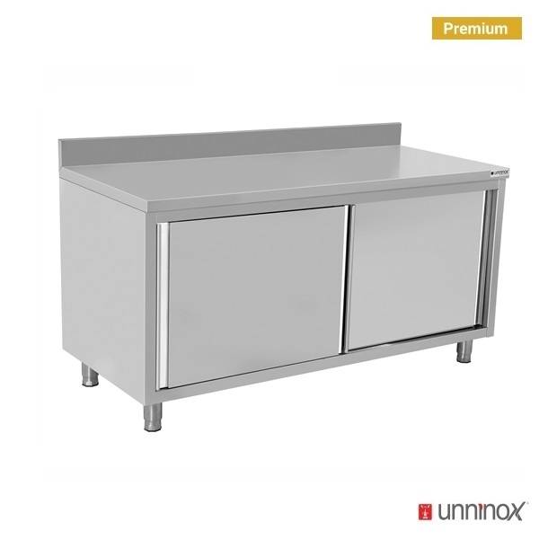 Meuble bas inox portes coulissantes avec dosseret - L 1800 x P 700 x H 850 mm - Unninox