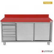 Meuble bas plan polyéthylène portes coulissantes 3 tiroirs à gauche - L 1600 x P 700 x H 850 mm - Unninox