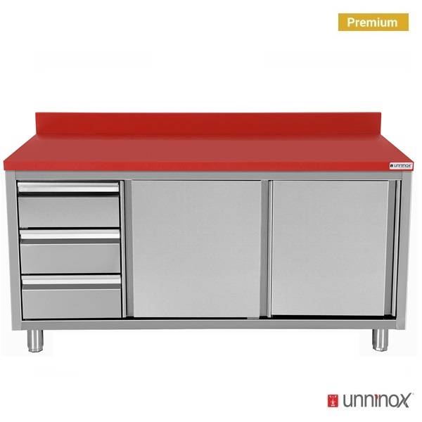 Table de découpe inox plan polyéthylène portes coulissantes et 3 tiroirs à gauche - L 2000 x P 700 x H 850 mm - Unninox