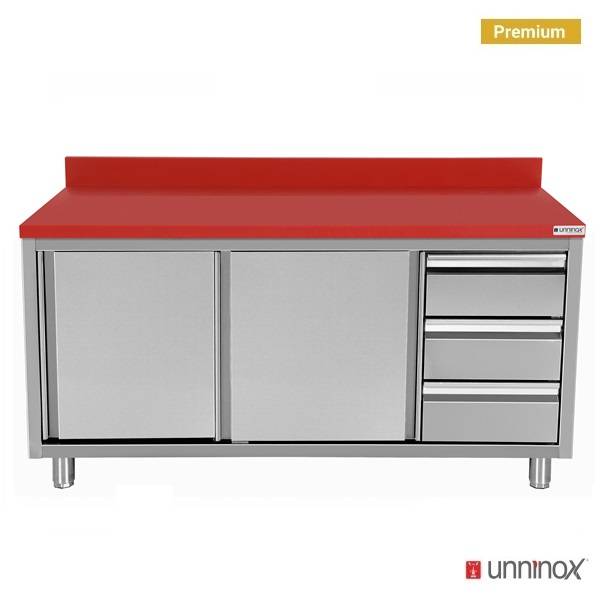Table de découpe inox plan polyéthylène portes coulissantes et 3 tiroirs à droite - L 1800 x P 700 x H 850 mm - Unninox