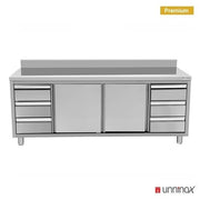 Meuble bas inox portes coulissantes avec dosseret et 3+3 tiroirs - L 1800 x P 700 x H 850 mm - Unninox