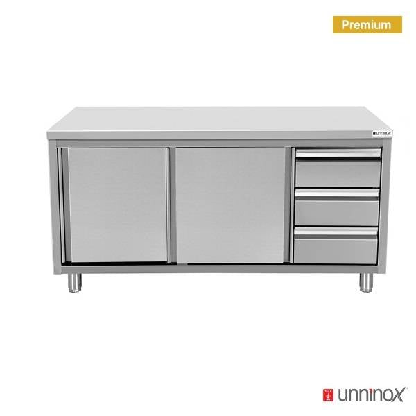 Meuble bas inox sans dosseret 3 tiroirs à droite - L 1200 x P 600 x H 850 mm - Unninox