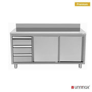 Meuble bas inox portes coulissantes avec dosseret et 3 tiroirs à gauche - L 2000 x P 600 x H 850 mm - Unninox