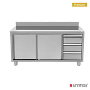 Meuble bas inox avec dosseret et 3 tiroirs à droite - L 1200 x P 700 x H 850 mm - Unninox