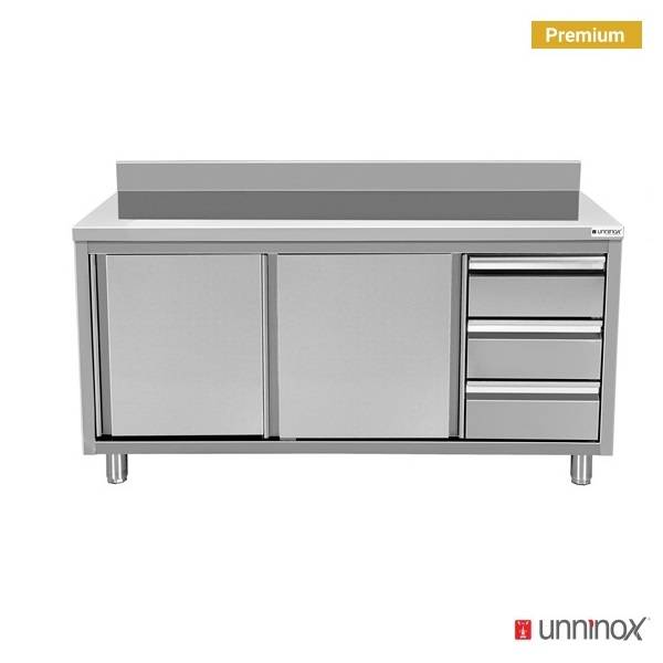 Meuble bas inox avec dosseret et 3 tiroirs à droite - L 1400 x P 600 x H 850 mm - Unninox