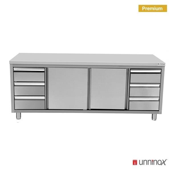 Meuble bas inox portes coulissantes sans dosseret et 3+3 tiroirs - L 2000 x P 700 x H 850 mm - Unninox