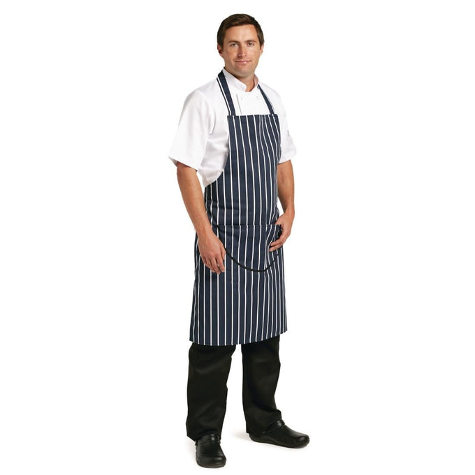 Tablier bavette avec poche rayé marine et blanc - Whites Chefs Clothing